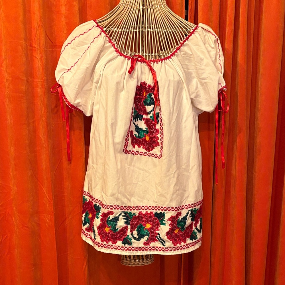 Embroidered, Handmade Peasant Blouse with Red Floral Design